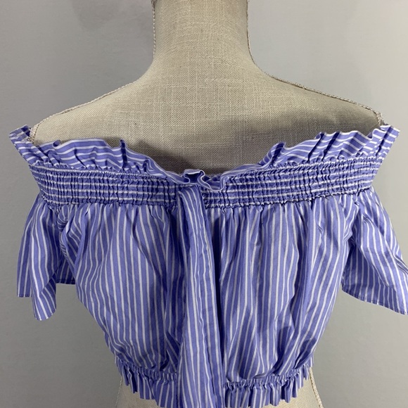 Zara Basics Striped Blue and White Off Shoulder Ruffled Crop Top Size XS - Picture 6 of 10
